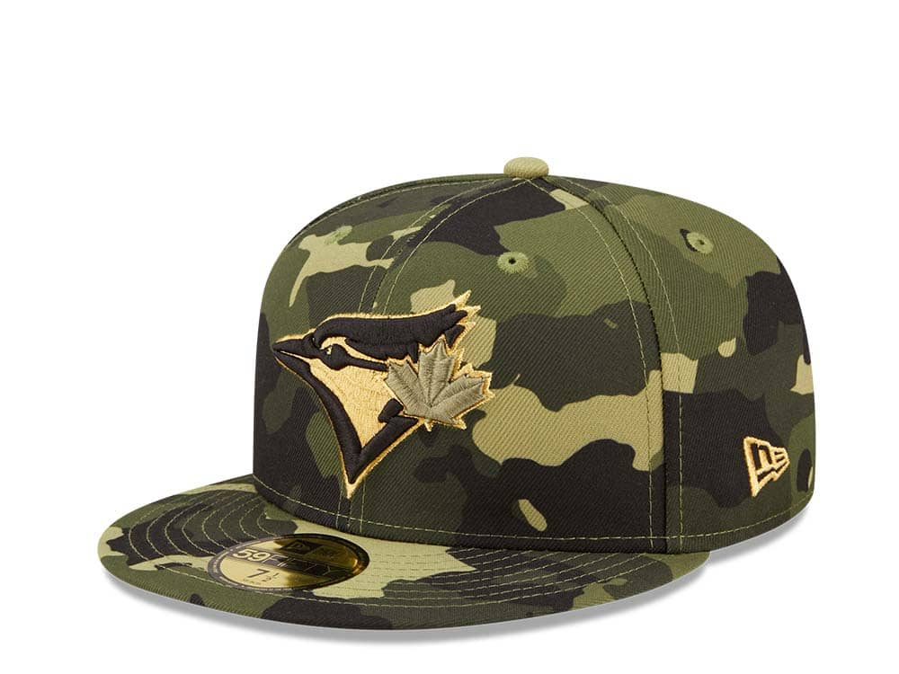 Toronto Blue Jays New Era MLB 59FIFTY 5950 Fitted Cap Hat Camo Crown/Visor Camo/Metalic Gold Logo (2022 Armed Forces Day)