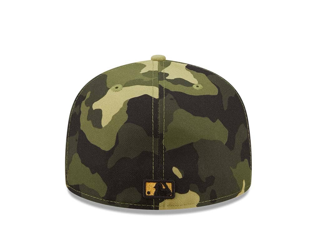 Toronto Blue Jays New Era MLB 59FIFTY 5950 Fitted Cap Hat Camo Crown/Visor Camo/Metalic Gold Logo (2022 Armed Forces Day)