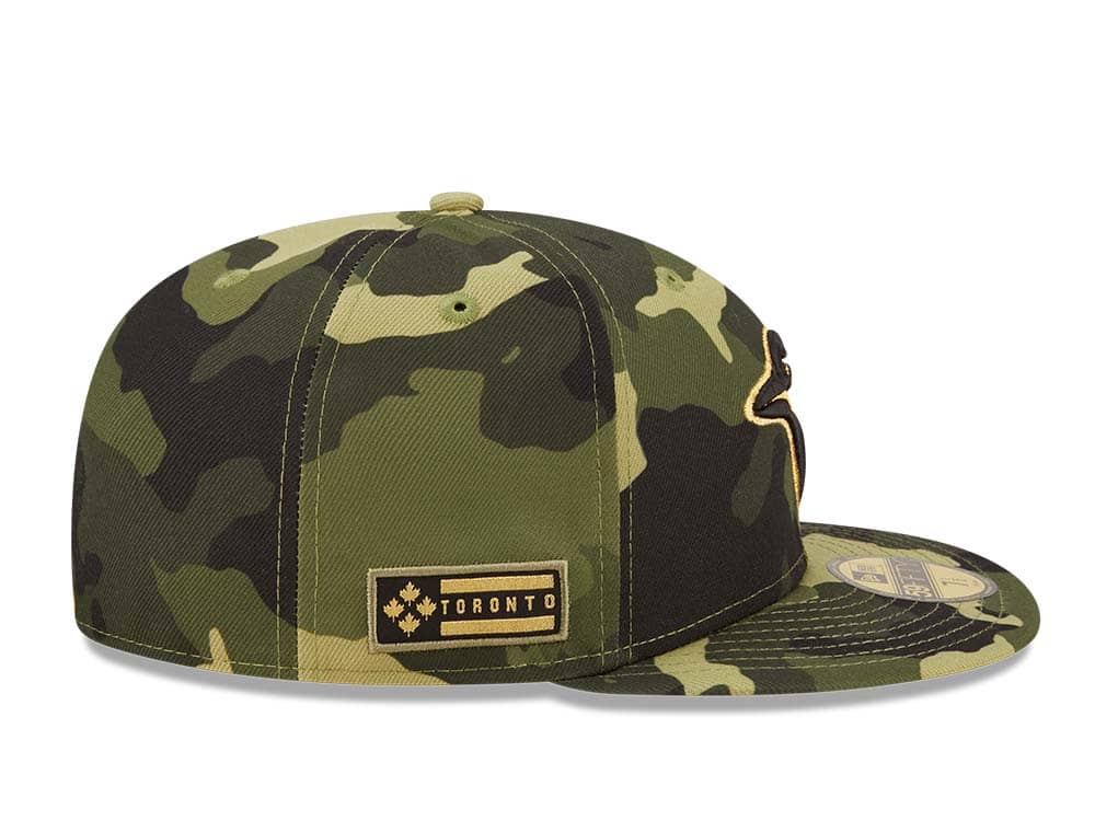 Toronto Blue Jays New Era MLB 59FIFTY 5950 Fitted Cap Hat Camo Crown/Visor Camo/Metalic Gold Logo (2022 Armed Forces Day)