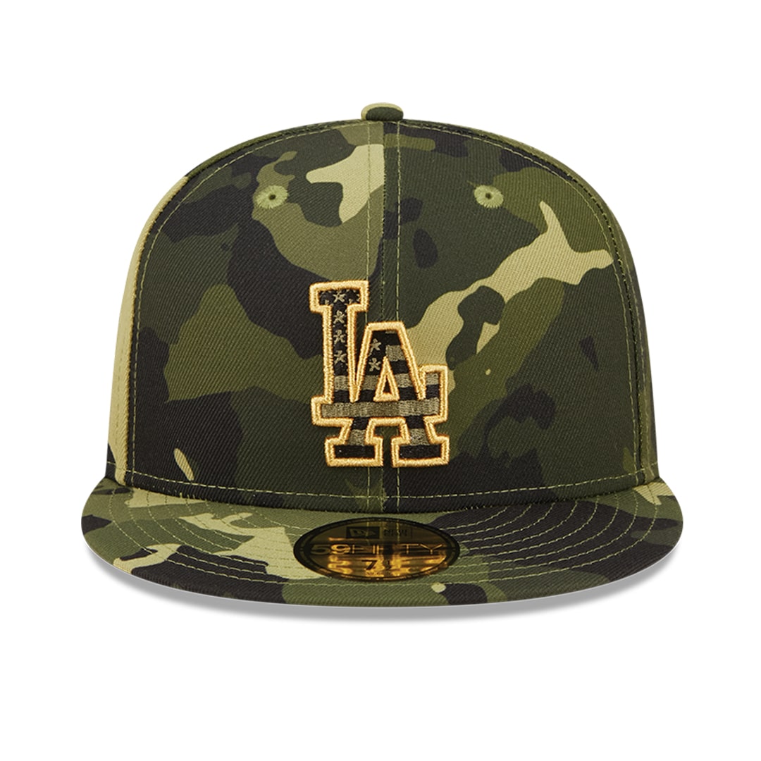 Los Angeles Dodgers New Era MLB 59FIFTY 5950 Fitted Cap Hat Camo Crown/Visor Camo/Metallic Gold Logo (2022 Armed Forces Day)
