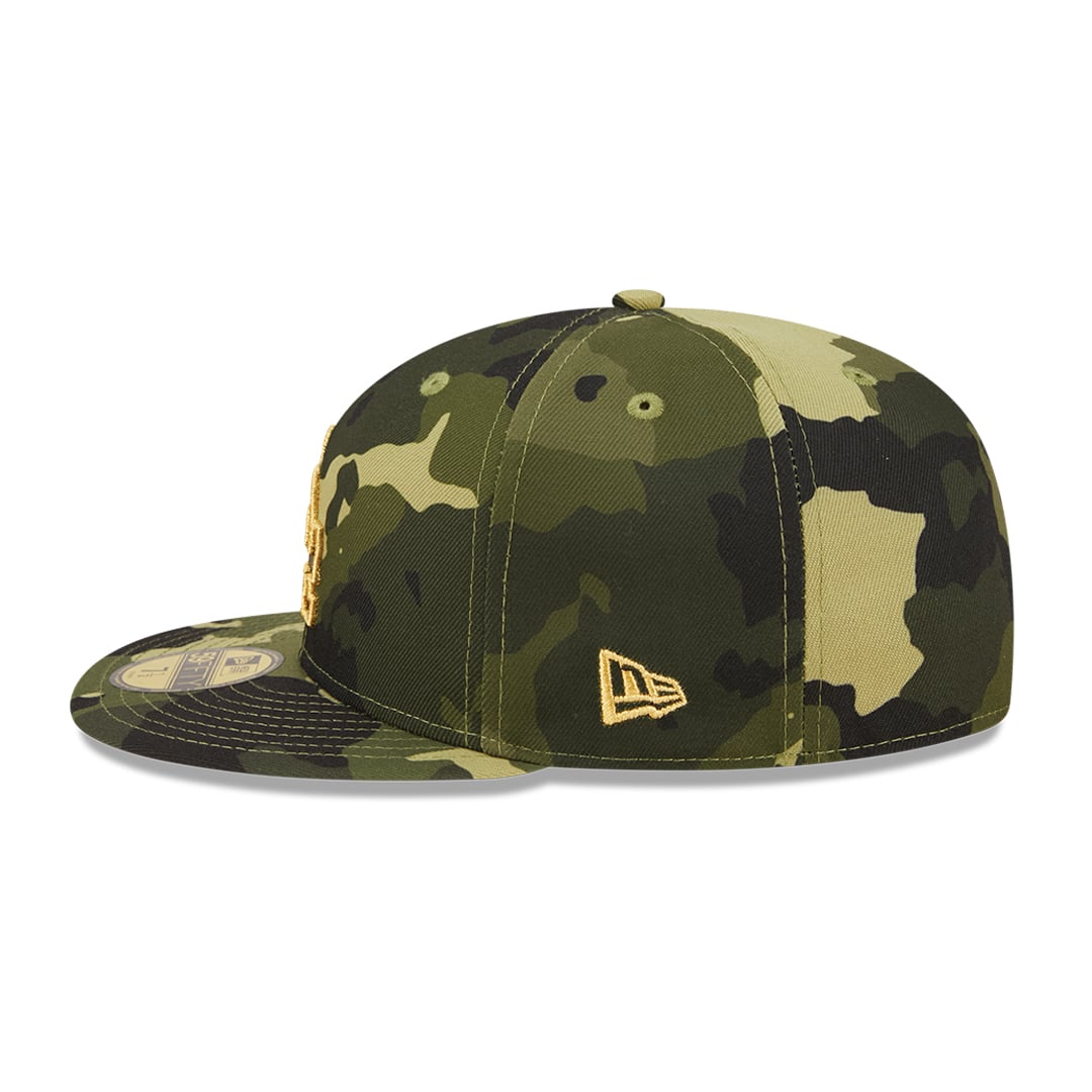 Los Angeles Dodgers New Era MLB 59FIFTY 5950 Fitted Cap Hat Camo Crown/Visor Camo/Metallic Gold Logo (2022 Armed Forces Day)