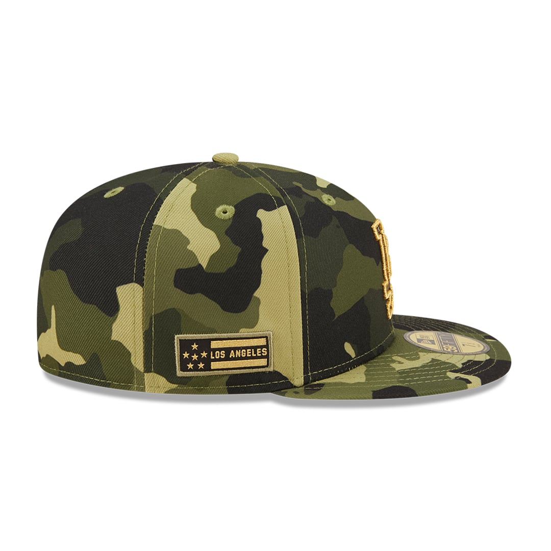 Los Angeles Dodgers New Era MLB 59FIFTY 5950 Fitted Cap Hat Camo Crown/Visor Camo/Metallic Gold Logo (2022 Armed Forces Day)