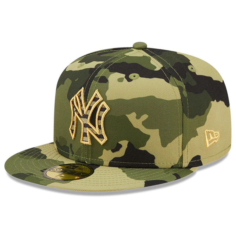 (Youth) New York Yankees New Era MLB 59FIFTY 5950 Fitted Kid Cap Hat Camo Crown/Visor Camo/Metallic Gold Logo (2022 Armed Forces Day)