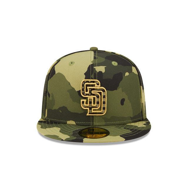 (Youth) San Diego Padres New Era MLB 59FIFTY 5950 Fitted Kid Cap Hat Camo Crown/Visor Camo/Metallic Gold Logo (2022 Armed Forces Day)