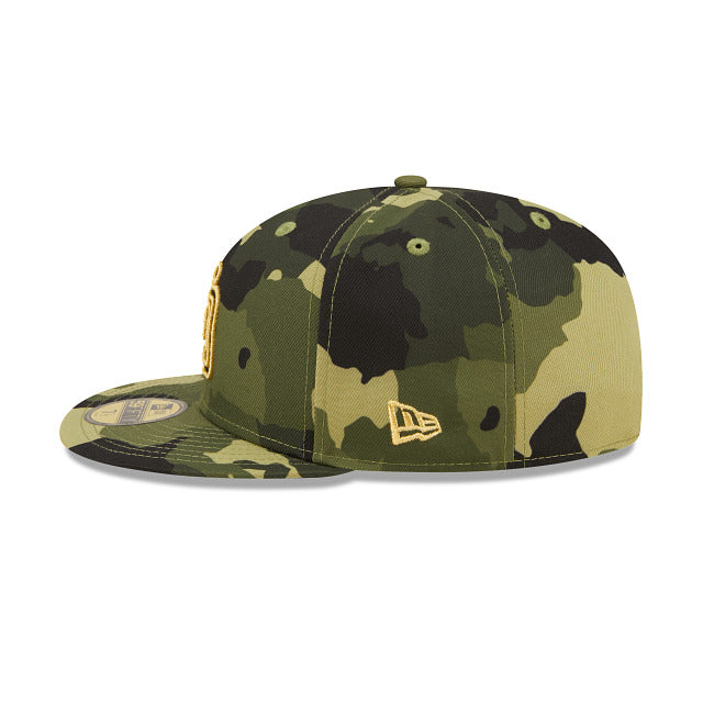 (Youth) San Diego Padres New Era MLB 59FIFTY 5950 Fitted Kid Cap Hat Camo Crown/Visor Camo/Metallic Gold Logo (2022 Armed Forces Day)