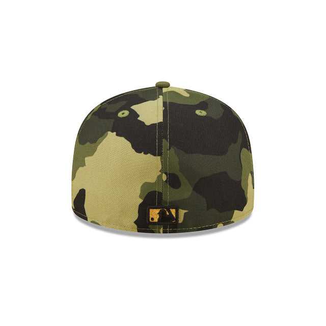 (Youth) San Diego Padres New Era MLB 59FIFTY 5950 Fitted Kid Cap Hat Camo Crown/Visor Camo/Metallic Gold Logo (2022 Armed Forces Day)