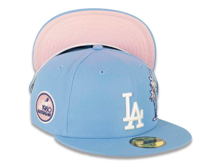 Los Angeles Dodgers New Era MLB 59FIFTY 5950 Fitted Cap Hat Sky Blue Crown/Visor White Logo with Palm Tree 1992 All-Star Game Side Patch