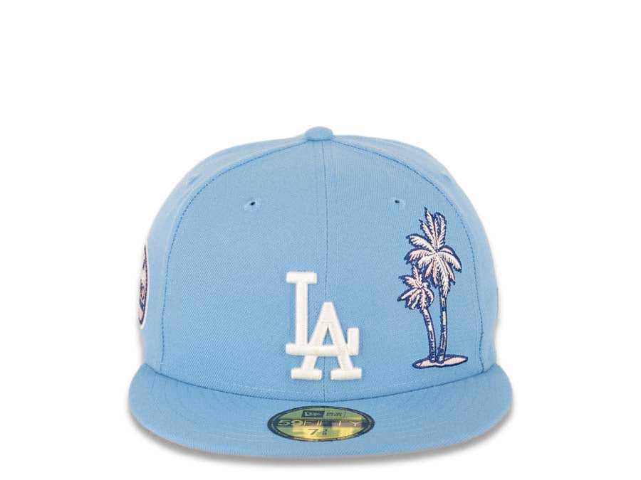 Los Angeles Dodgers New Era MLB 59FIFTY 5950 Fitted Cap Hat Sky Blue Crown/Visor White Logo with Palm Tree 1992 All-Star Game Side Patch