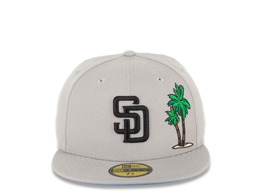 San Diego Padres New Era MLB 59FIFTY 5950 Fitted Cap Hat Gray Crown/Visor Black Logo with Palm Tree Taco on the Back Sky Blue UV
