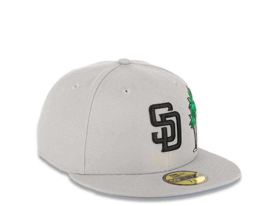 San Diego Padres New Era MLB 59FIFTY 5950 Fitted Cap Hat Gray Crown/Visor Black Logo with Palm Tree Taco on the Back Sky Blue UV