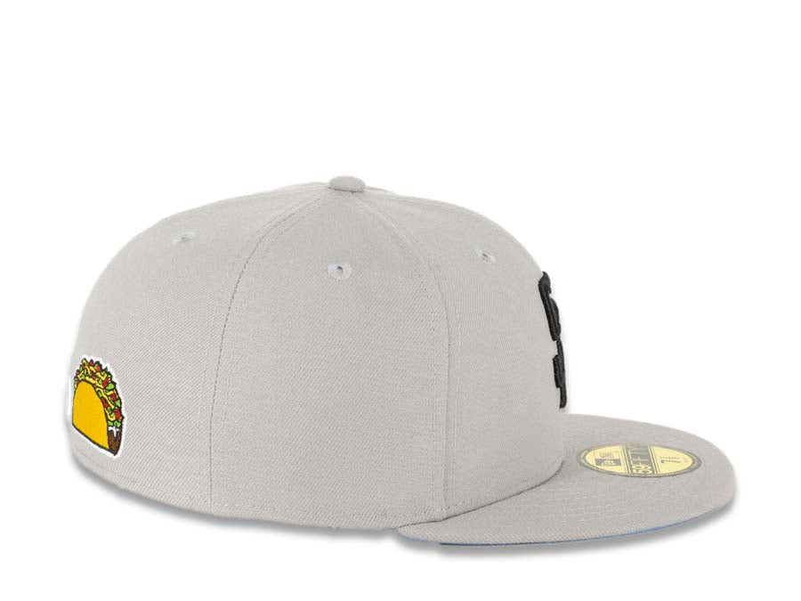 San Diego Padres New Era MLB 59FIFTY 5950 Fitted Cap Hat Gray Crown/Visor Black Logo with Palm Tree Taco on the Back Sky Blue UV