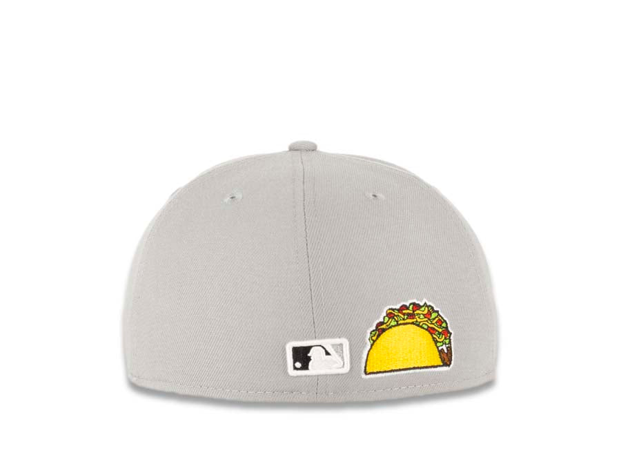 San Diego Padres New Era MLB 59FIFTY 5950 Fitted Cap Hat Gray Crown/Visor Black Logo with Palm Tree Taco on the Back Sky Blue UV