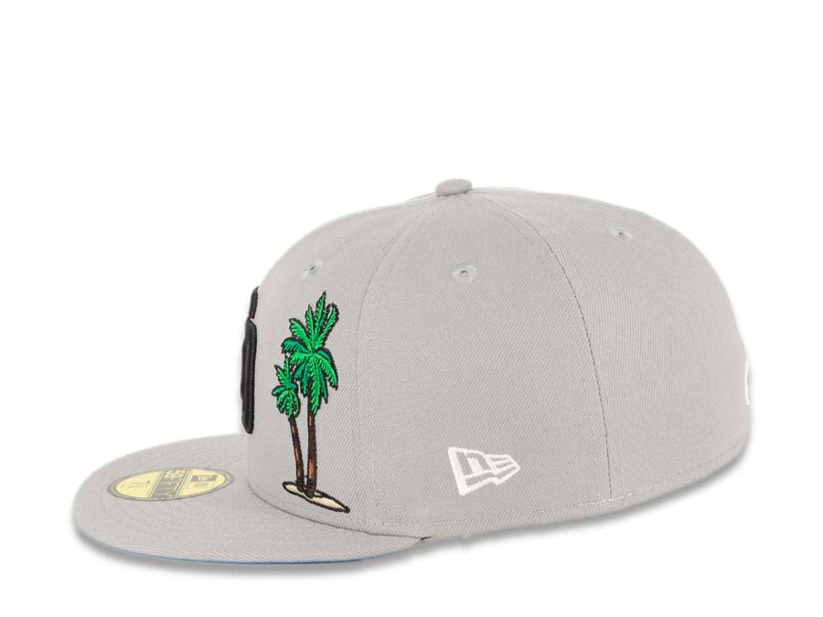 San Diego Padres New Era MLB 59FIFTY 5950 Fitted Cap Hat Gray Crown/Visor Black Logo with Palm Tree Taco on the Back Sky Blue UV