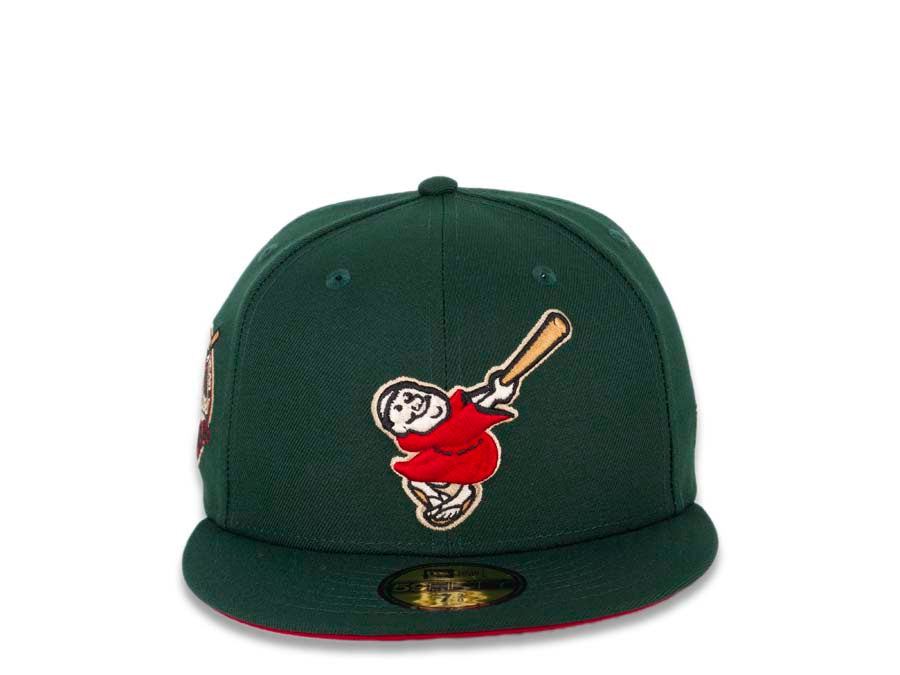 San Diego Padres New Era MLB 59FIFTY 5950 Fitted Cap Hat Dark Green Crown/Visor Red/Bronze “Swinging Friar” Logo 40th Anniversary Side Patch Red UV