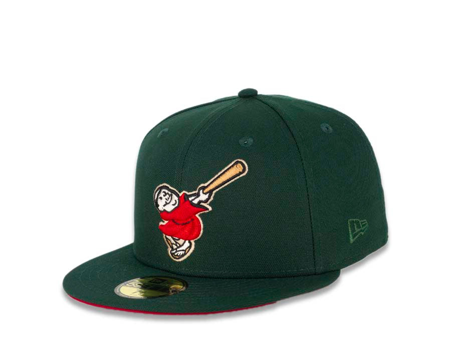 San Diego Padres New Era MLB 59FIFTY 5950 Fitted Cap Hat Dark Green Crown/Visor Red/Bronze “Swinging Friar” Logo 40th Anniversary Side Patch Red UV