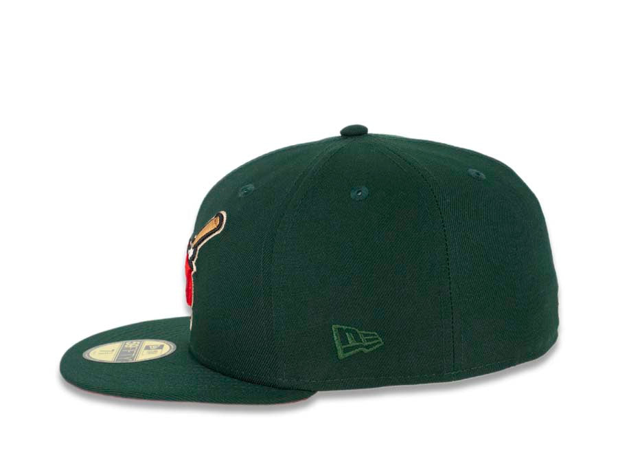 San Diego Padres New Era MLB 59FIFTY 5950 Fitted Cap Hat Dark Green Crown/Visor Red/Bronze “Swinging Friar” Logo 40th Anniversary Side Patch Red UV