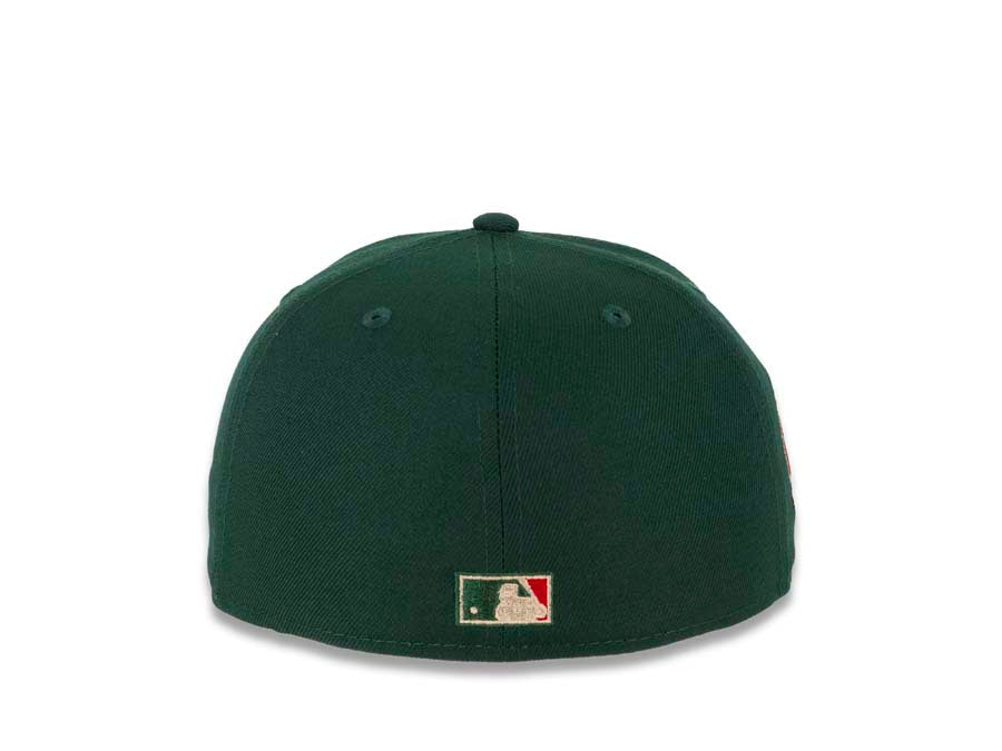 San Diego Padres New Era MLB 59FIFTY 5950 Fitted Cap Hat Dark Green Crown/Visor Red/Bronze “Swinging Friar” Logo 40th Anniversary Side Patch Red UV