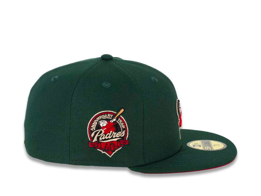 San Diego Padres New Era MLB 59FIFTY 5950 Fitted Cap Hat Dark Green Crown/Visor Red/Bronze “Swinging Friar” Logo 40th Anniversary Side Patch Red UV