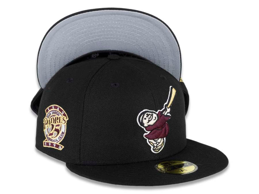 San Diego Padres New Era MLB 59FIFTY 5950 Fitted Cap Hat Black Crown/Visor Maroon/Pineapple Gold Swinging Friar Logo 25th Anniversary Side Patch