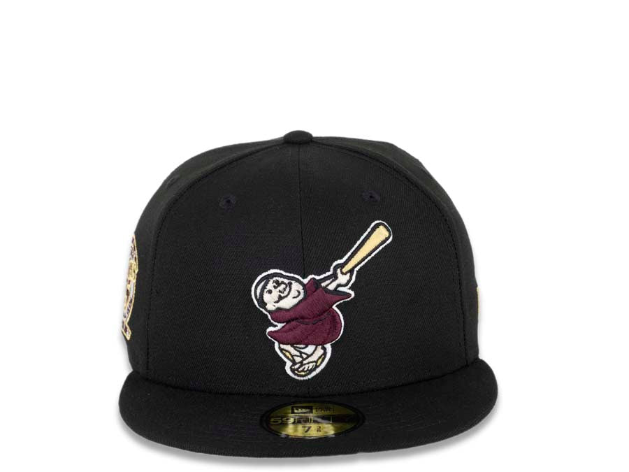 San Diego Padres New Era MLB 59FIFTY 5950 Fitted Cap Hat Black Crown/Visor Maroon/Pineapple Gold Swinging Friar Logo 25th Anniversary Side Patch
