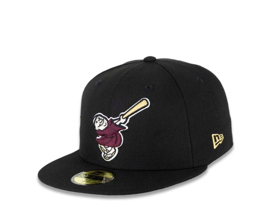San Diego Padres New Era MLB 59FIFTY 5950 Fitted Cap Hat Black Crown/Visor Maroon/Pineapple Gold Swinging Friar Logo 25th Anniversary Side Patch