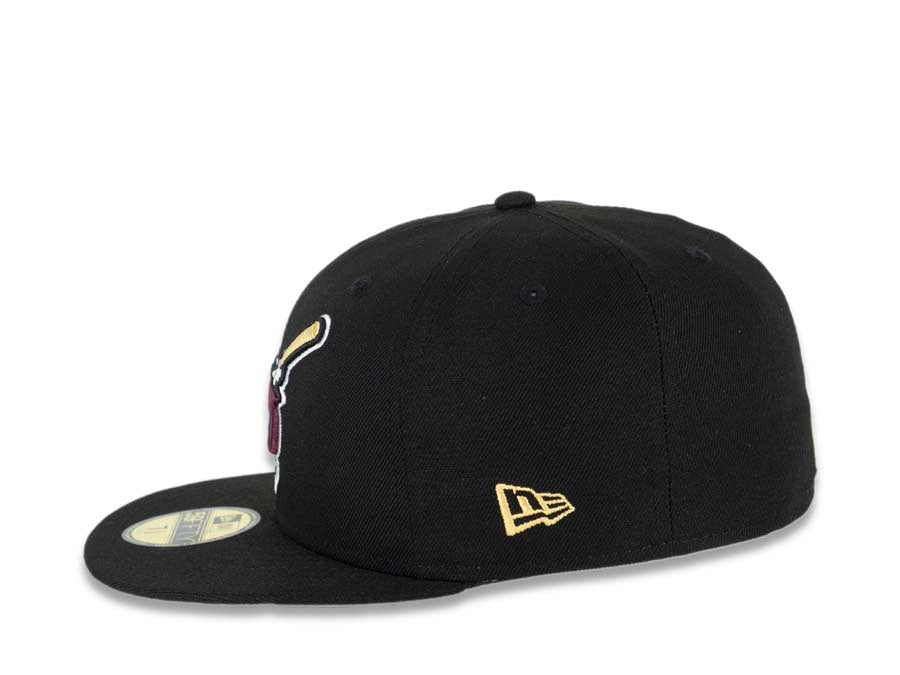 San Diego Padres New Era MLB 59FIFTY 5950 Fitted Cap Hat Black Crown/Visor Maroon/Pineapple Gold Swinging Friar Logo 25th Anniversary Side Patch