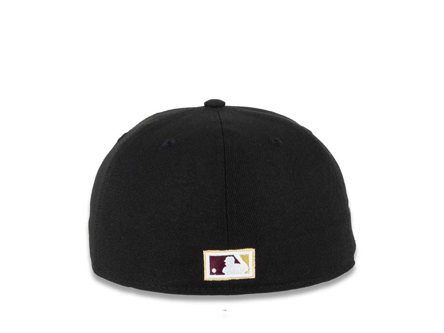 San Diego Padres New Era MLB 59FIFTY 5950 Fitted Cap Hat Black Crown/Visor Maroon/Pineapple Gold Swinging Friar Logo 25th Anniversary Side Patch