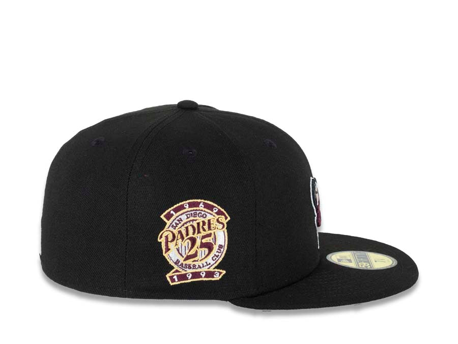 San Diego Padres New Era MLB 59FIFTY 5950 Fitted Cap Hat Black Crown/Visor Maroon/Pineapple Gold Swinging Friar Logo 25th Anniversary Side Patch