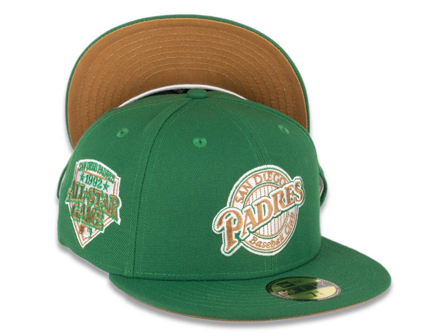 San Diego Padres New Era MLB 59FIFTY 5950 Fitted Cap Hat Green Crown/Visor Bronze/White/Green Baseball Club Retro Logo 1992 All-Star Game Side Patch