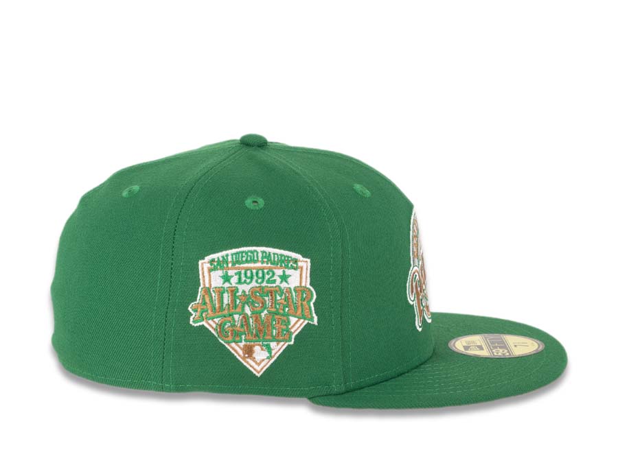 San Diego Padres New Era MLB 59FIFTY 5950 Fitted Cap Hat Green Crown/Visor Bronze/White/Green Baseball Club Retro Logo 1992 All-Star Game Side Patch