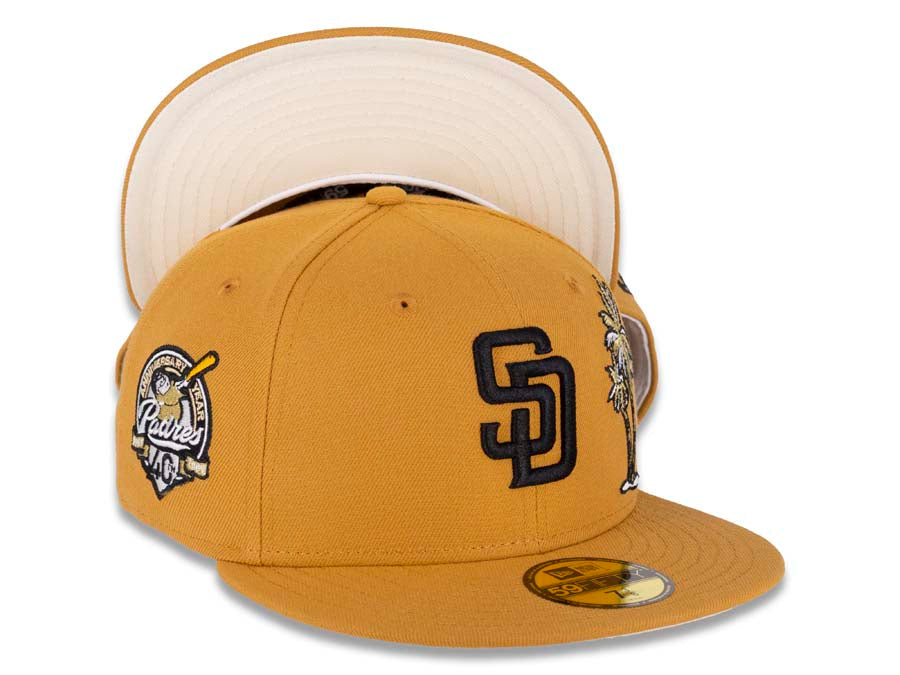 San Diego Padres New Era MLB 59FIFTY 5950 Fitted Cap Hat Panama Tan Crown/Visor Black Logo With Palm Trees 40th Anniversary Side Patch Cream UV