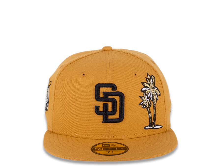 San Diego Padres New Era MLB 59FIFTY 5950 Fitted Cap Hat Panama Tan Crown/Visor Black Logo With Palm Trees 40th Anniversary Side Patch Cream UV