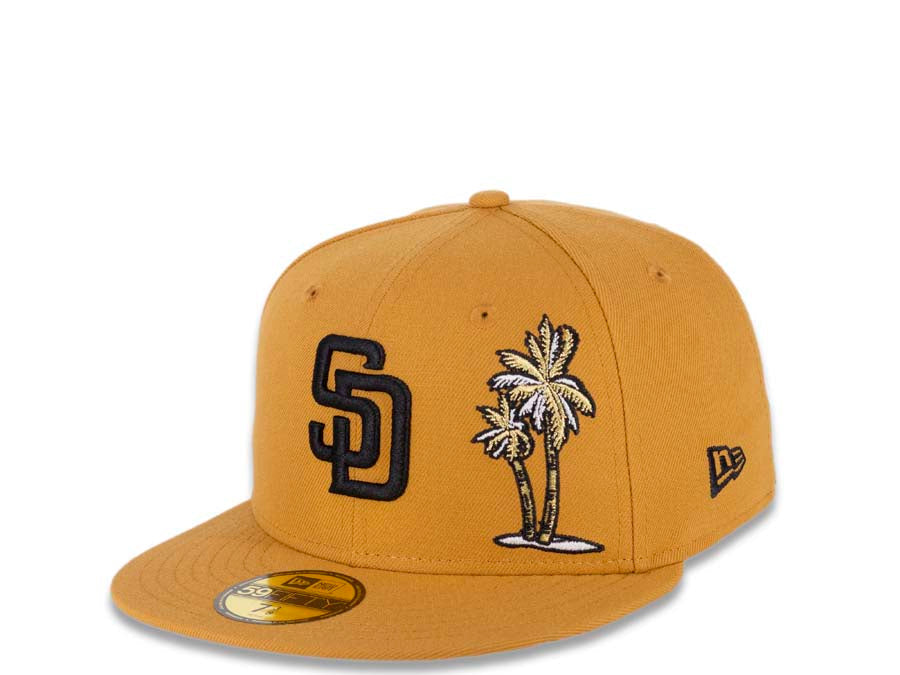 San Diego Padres New Era MLB 59FIFTY 5950 Fitted Cap Hat Panama Tan Crown/Visor Black Logo With Palm Trees 40th Anniversary Side Patch Cream UV