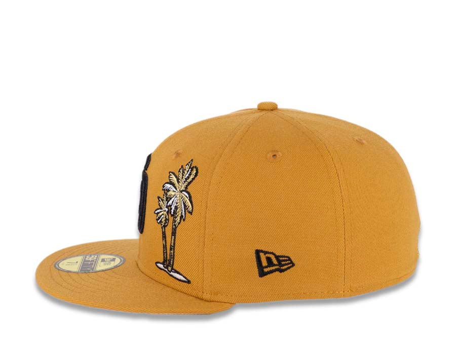 San Diego Padres New Era MLB 59FIFTY 5950 Fitted Cap Hat Panama Tan Crown/Visor Black Logo With Palm Trees 40th Anniversary Side Patch Cream UV