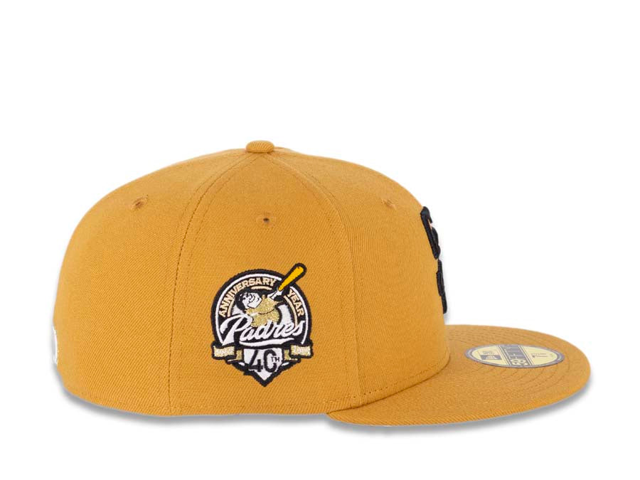 San Diego Padres New Era MLB 59FIFTY 5950 Fitted Cap Hat Panama Tan Crown/Visor Black Logo With Palm Trees 40th Anniversary Side Patch Cream UV