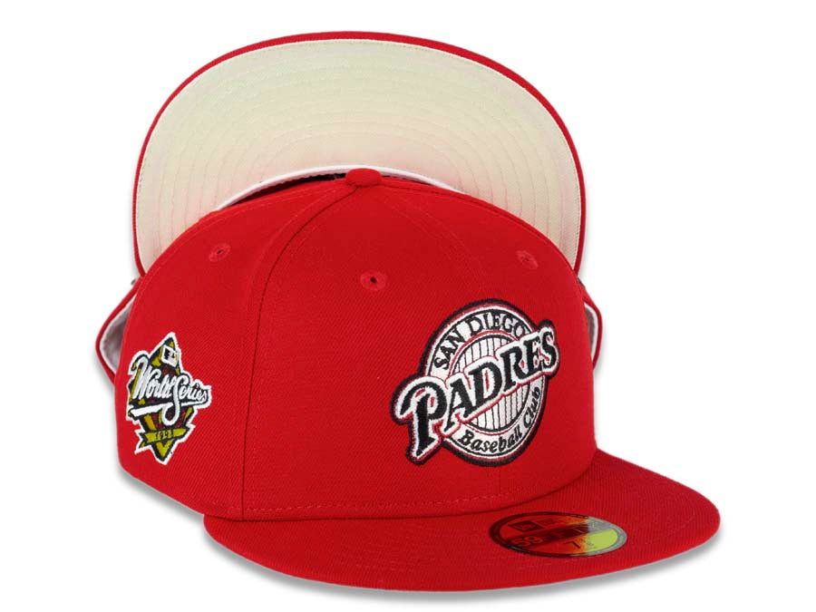 San Diego Padres New Era MLB 59FIFTY 5950 Fitted Cap Hat Red Crown/Visor Black/Cream Baseball Club Retro Logo 1998  World Series Side Patch