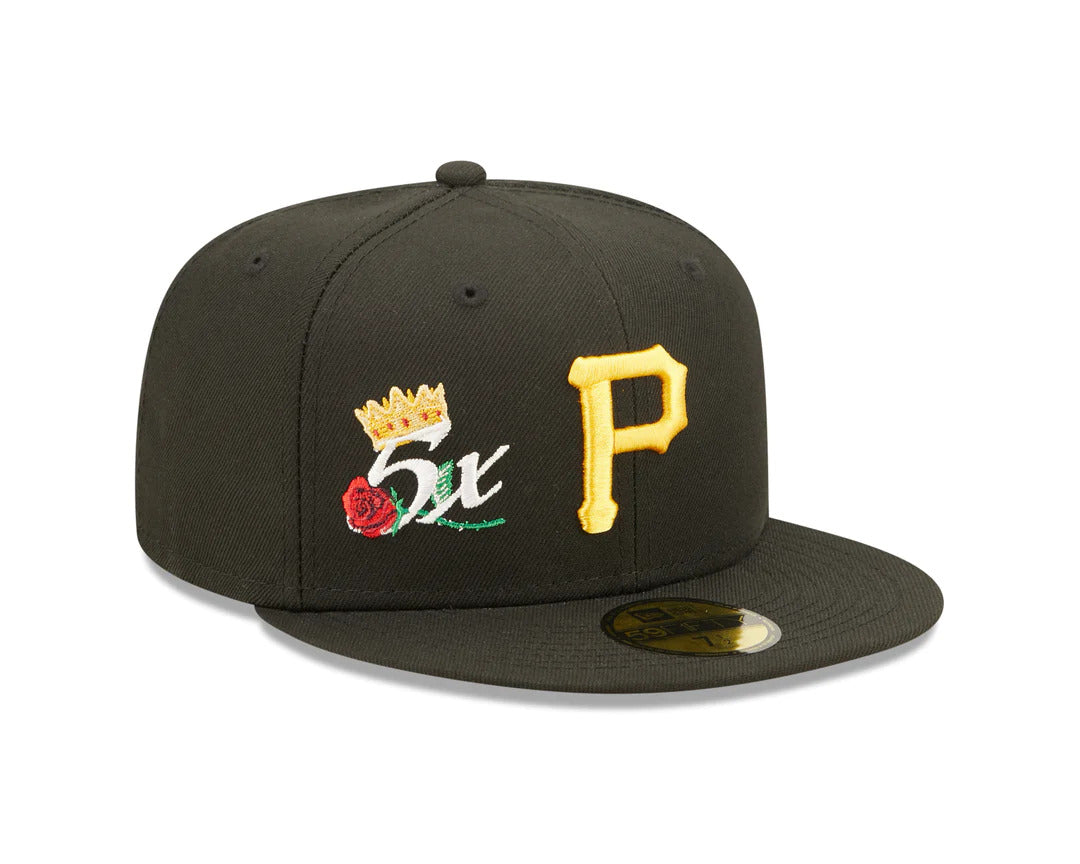 Pittsburgh Pirates New Era MLB 59FIFTY 5950 Fitted Cap Hat Black Crown/Visor Team Color Logo with 5x Crown Rose (Crown Champs)