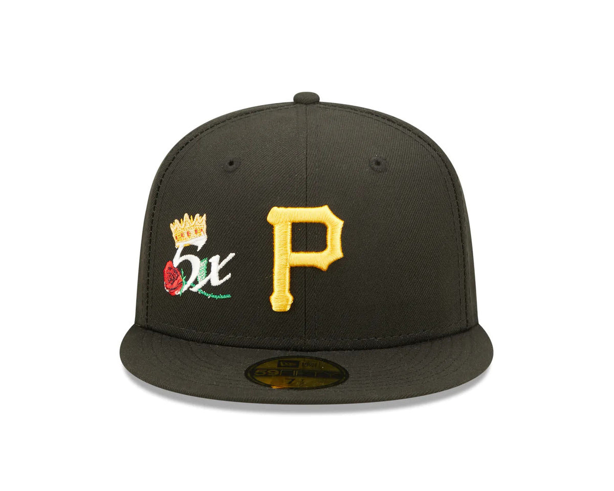 Pittsburgh Pirates New Era MLB 59FIFTY 5950 Fitted Cap Hat Black Crown/Visor Team Color Logo with 5x Crown Rose (Crown Champs)