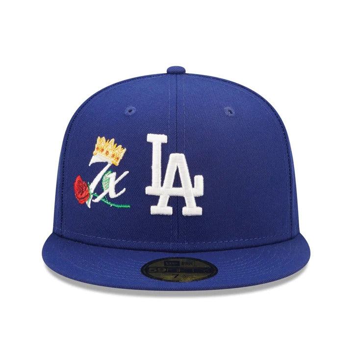 Los Angeles Dodgers New Era MLB 59FIFTY 5950 Fitted Cap Hat Royal Blue Crown/Visor Team Color Logo with 7x Crown Rose (Crown Champs)