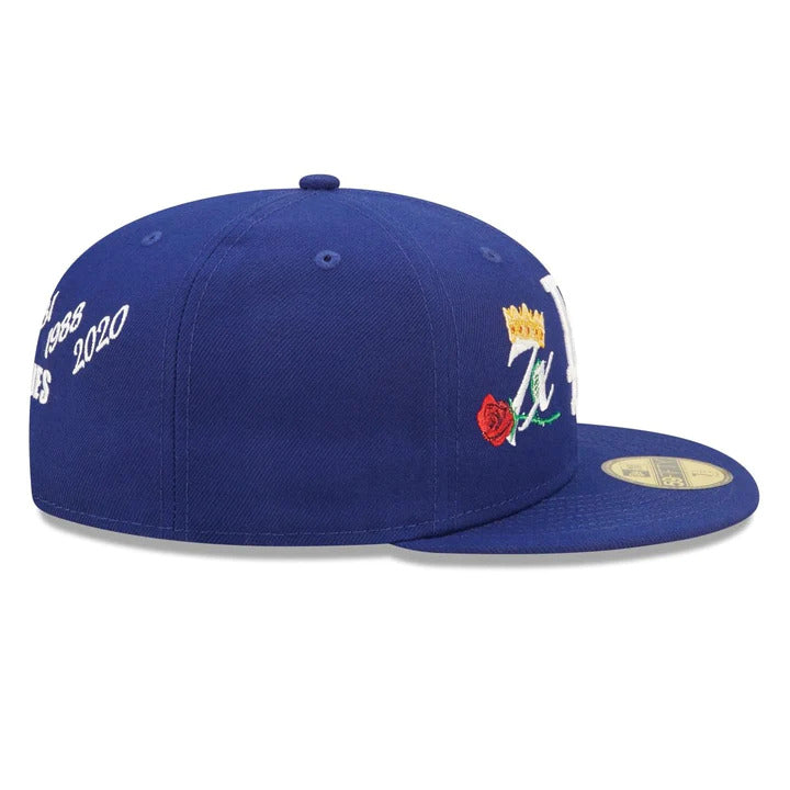 Los Angeles Dodgers New Era MLB 59FIFTY 5950 Fitted Cap Hat Royal Blue Crown/Visor Team Color Logo with 7x Crown Rose (Crown Champs)