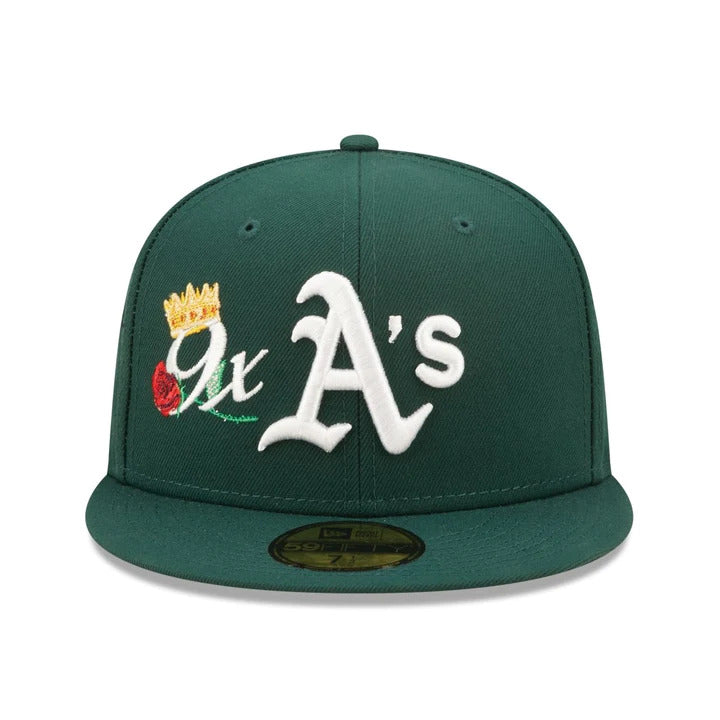 Oakland Athletics New Era MLB 59FIFTY 5950 Fitted Cap Hat Dark Green Crown/Visor Team Color Logo with 9x Crown Rose (Crown Champs)