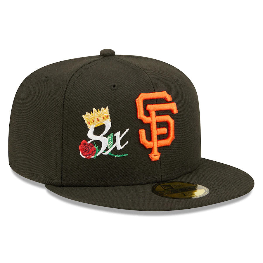 San Francisco Giants New Era MLB 59FIFTY 5950 Fitted Cap Hat Black Crown/Visor Team Color Logo with 8x Crown Rose (Crown Champs)