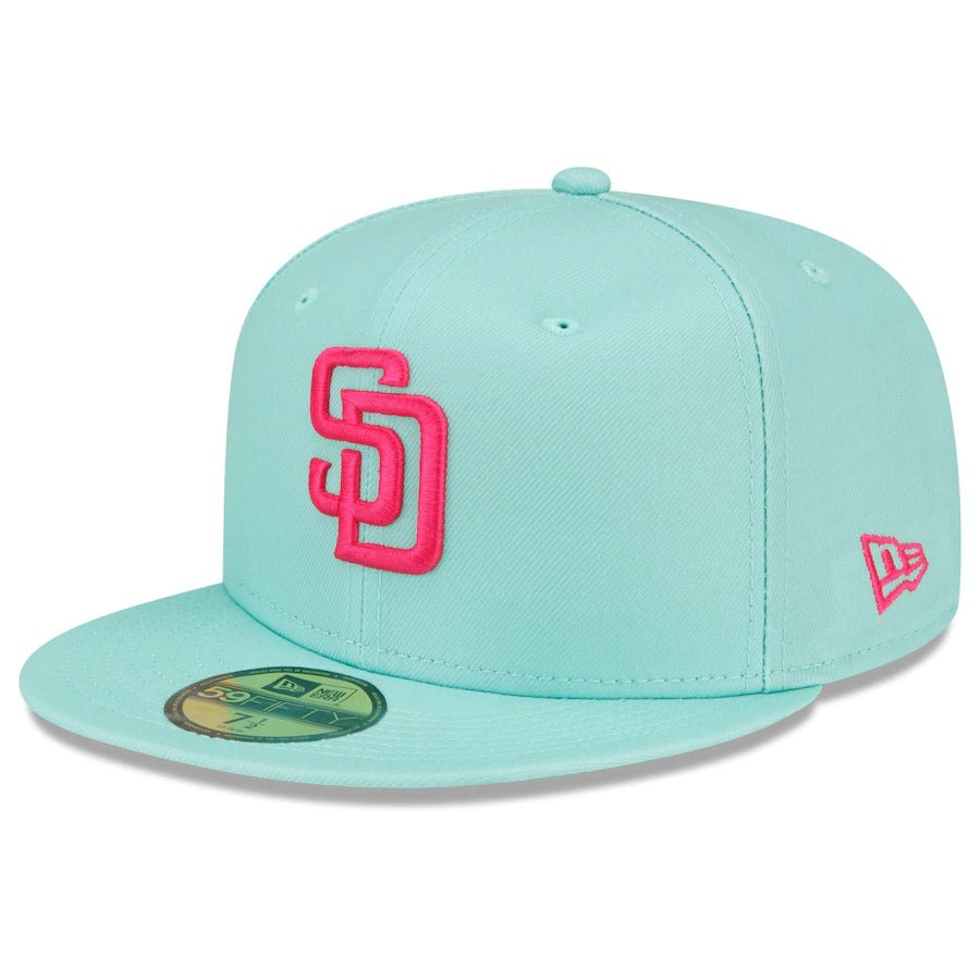 San Diego Padres New Era MLB 59FIFTY 5950 Fitted Cap Hat Light Teal Crown/Visor Magenta Logo (2022 City Connect)