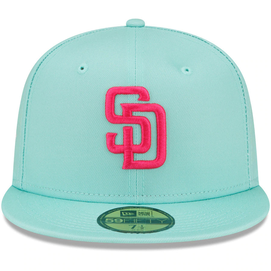 San Diego Padres New Era MLB 59FIFTY 5950 Fitted Cap Hat Light Teal Crown/Visor Magenta Logo (2022 City Connect)
