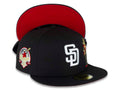 San Diego Padres New Era MLB 59FIFTY 5950 Fitted Cap Hat Black Crown/Visor White Logo With Palm Trees Heart Back Logo 40th Anniversary Side Patch
