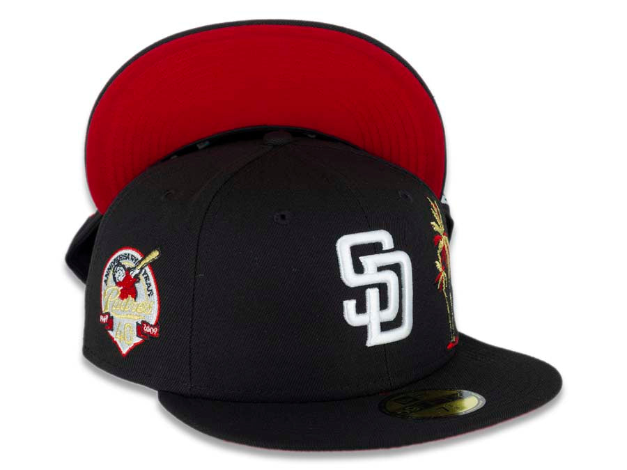San Diego Padres New Era MLB 59FIFTY 5950 Fitted Cap Hat Black Crown/Visor White Logo With Palm Trees Heart Back Logo 40th Anniversary Side Patch
