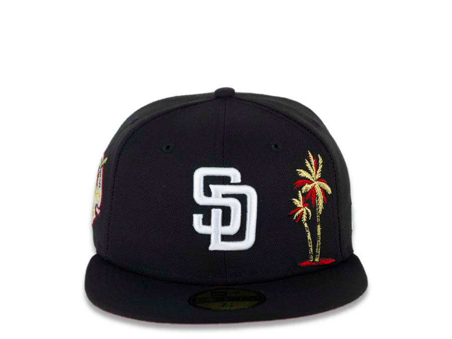 San Diego Padres New Era MLB 59FIFTY 5950 Fitted Cap Hat Black Crown/Visor White Logo With Palm Trees Heart Back Logo 40th Anniversary Side Patch