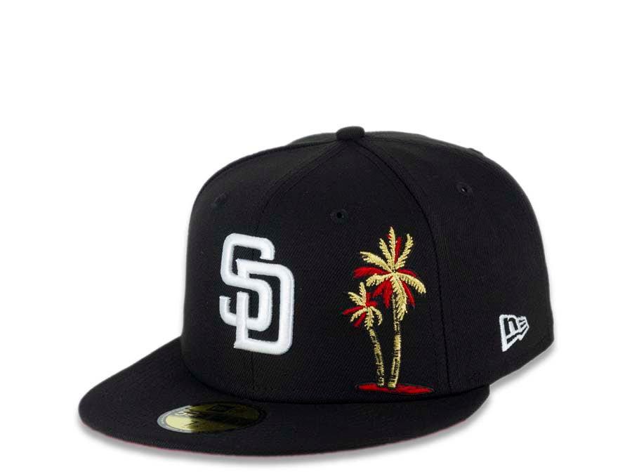 San Diego Padres New Era MLB 59FIFTY 5950 Fitted Cap Hat Black Crown/Visor White Logo With Palm Trees Heart Back Logo 40th Anniversary Side Patch