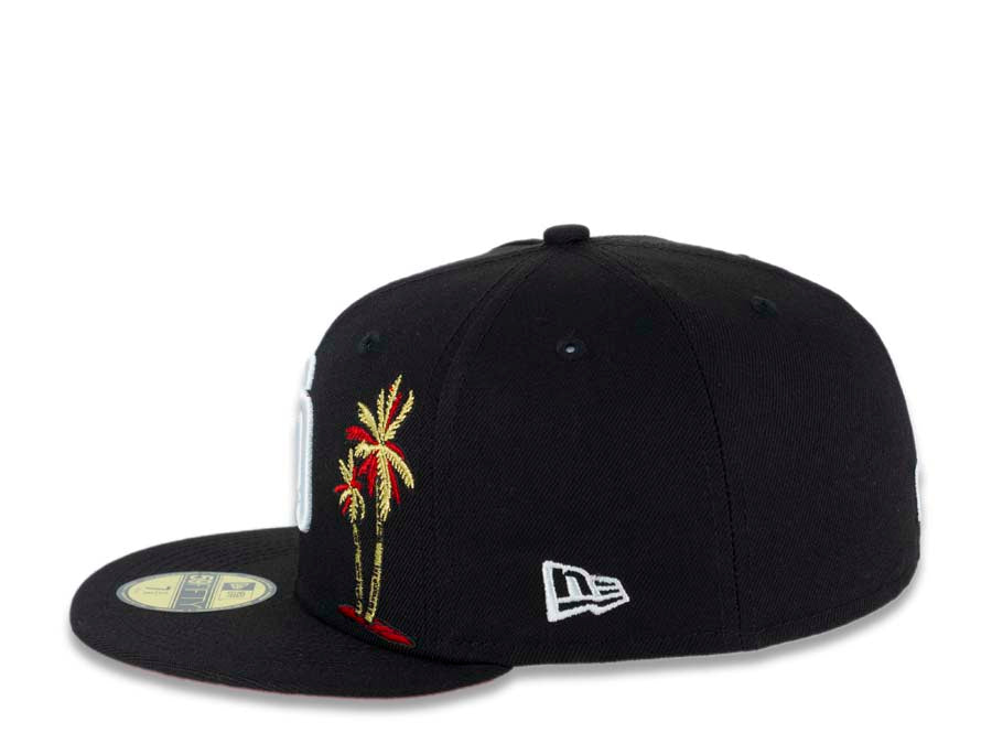 San Diego Padres New Era MLB 59FIFTY 5950 Fitted Cap Hat Black Crown/Visor White Logo With Palm Trees Heart Back Logo 40th Anniversary Side Patch
