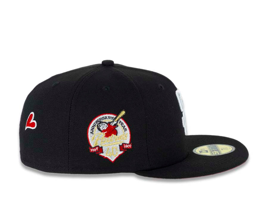 San Diego Padres New Era MLB 59FIFTY 5950 Fitted Cap Hat Black Crown/Visor White Logo With Palm Trees Heart Back Logo 40th Anniversary Side Patch